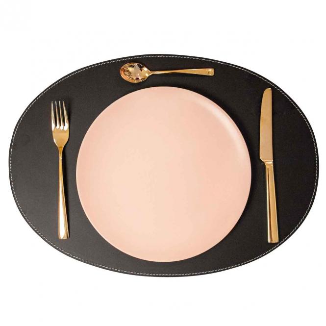 Leder Tischset, Lederunterlage KANON oval, schwarz (weiße Naht)